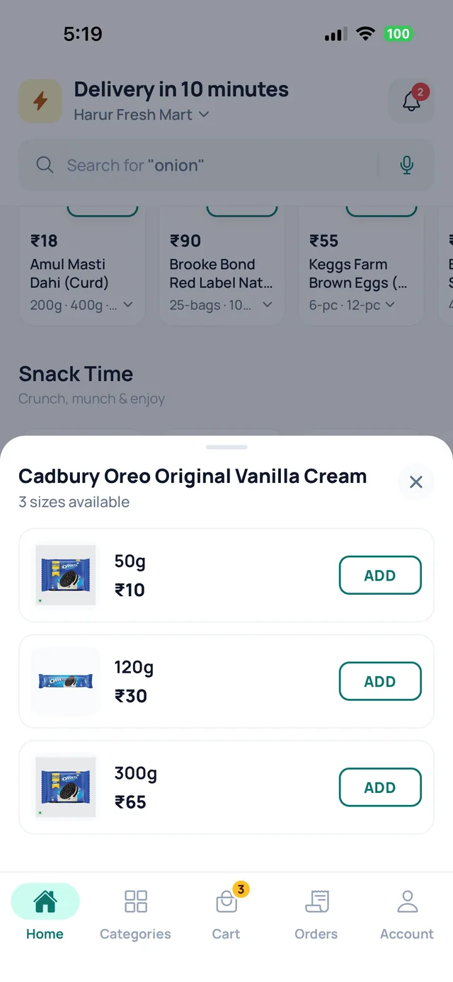 Choosing a pack size in the Martly app